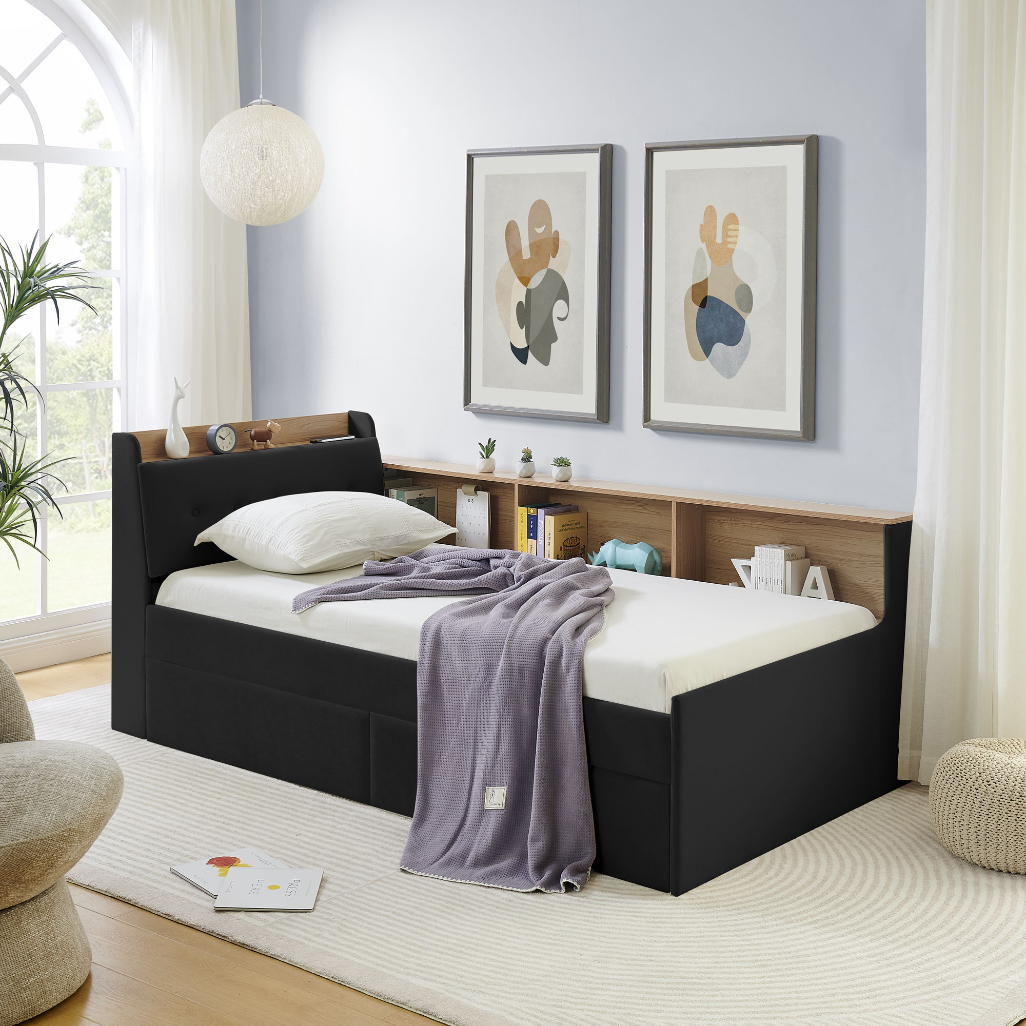 Upholstered Daybed With Storage Headboard, Wireless Charging, LED Lights