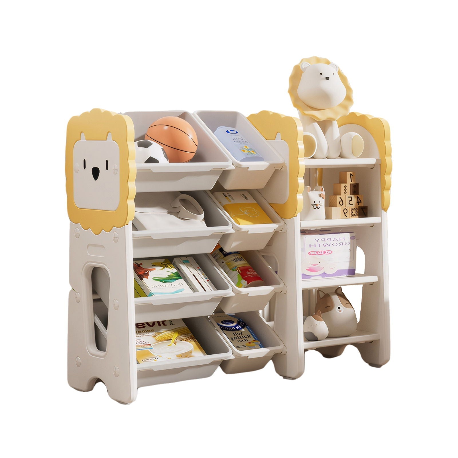 Kids Bookshelf And Toy Storage, 4 Tier Toy Organizers With 8 Removable Storage Bins, Kids Toy Storage Organizer For Study Room - Gray / White / Yellow