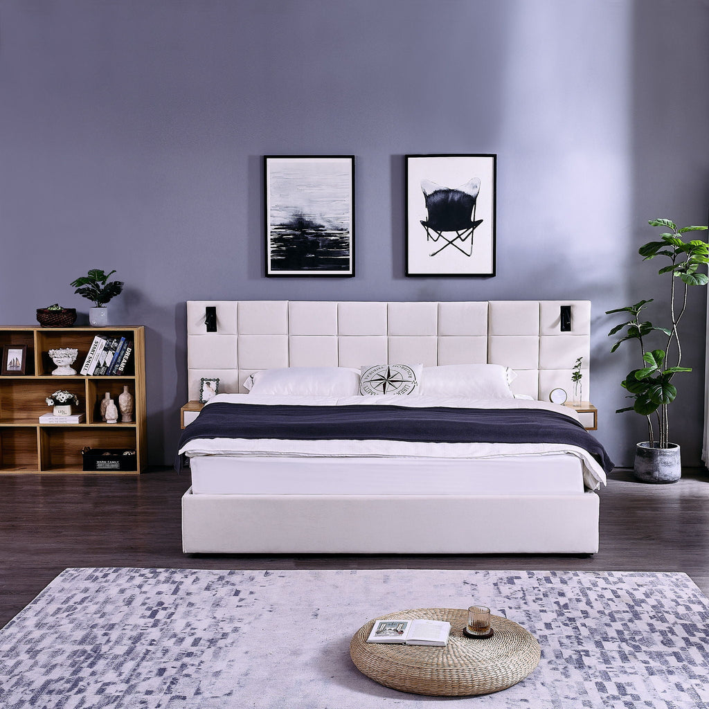 Upholstered Hydraulic Platform Bed With Storage Shelves, Reading Lamps, USB Port