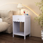 Nightstand With Drawer And Open Shelf, Scalloped Edge Bedside Table