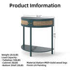 Boho Rattan Semi Circle End Table With Sliding Rattan Door, Storage And Bottom Shelf
