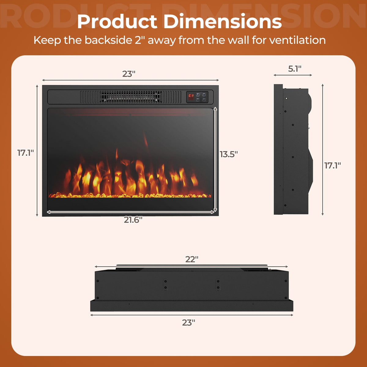 23" Electric Fireplace &amp; Space Heater Heater with Flame Color and Brightness Control