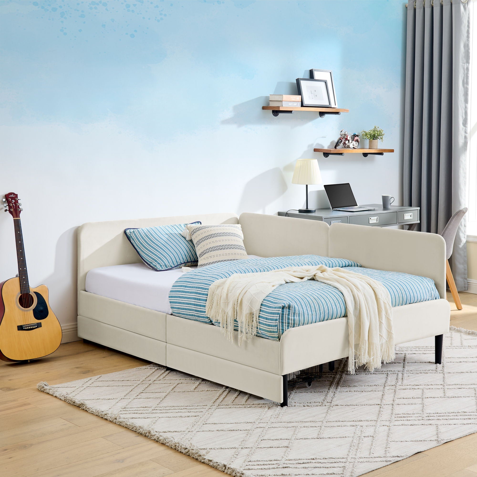Upholstered Platform Bed Frame With 2 Storage Drawers And Adjustable Sofa Bed