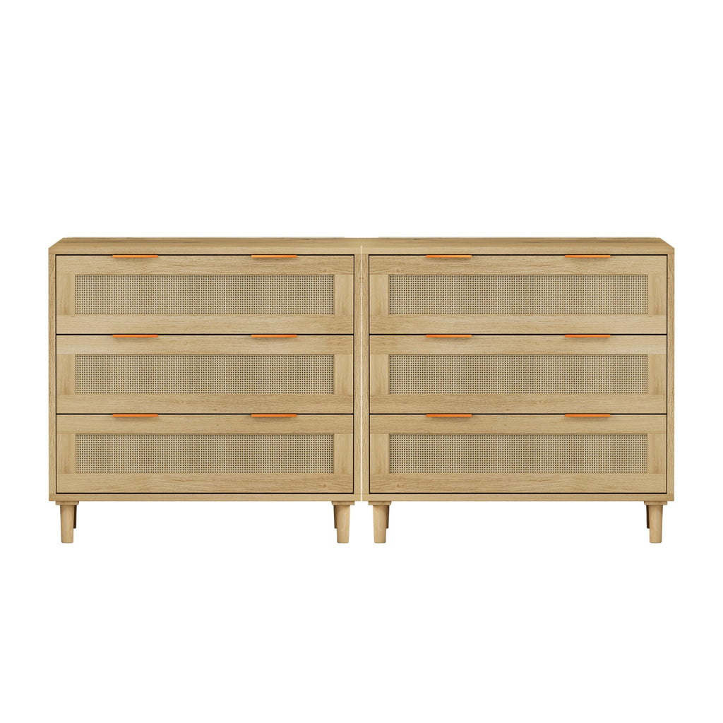3 Drawers Rattan Storage Cabinet Rattan Drawer, For Bedroom, Living Room, Dining Room, Hallways (Set of 2) - Oak