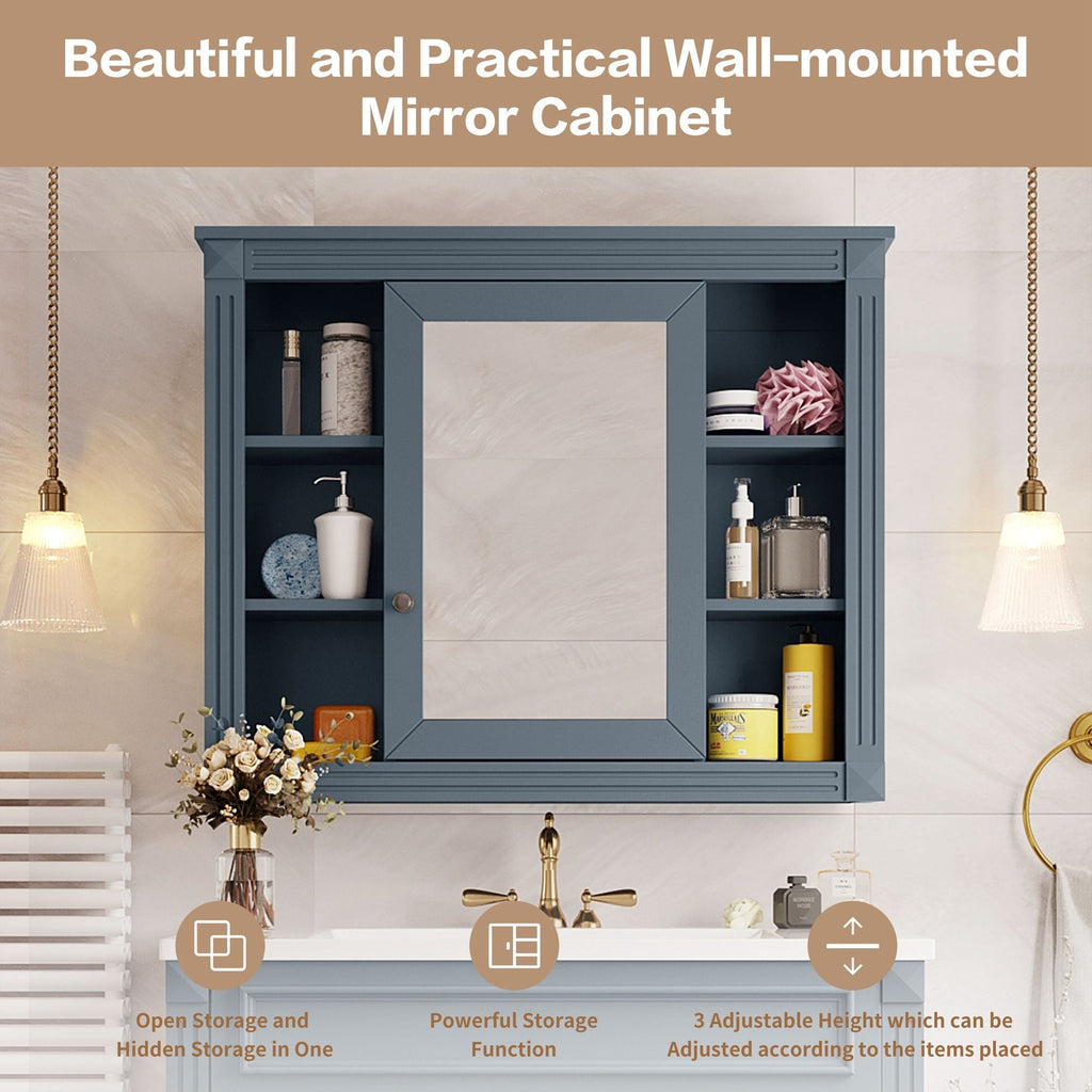 Wall Mounted Bathroom Storage Cabinet With Mirror, Cabinet With 6 Open Shelves And Adjustable Interior
