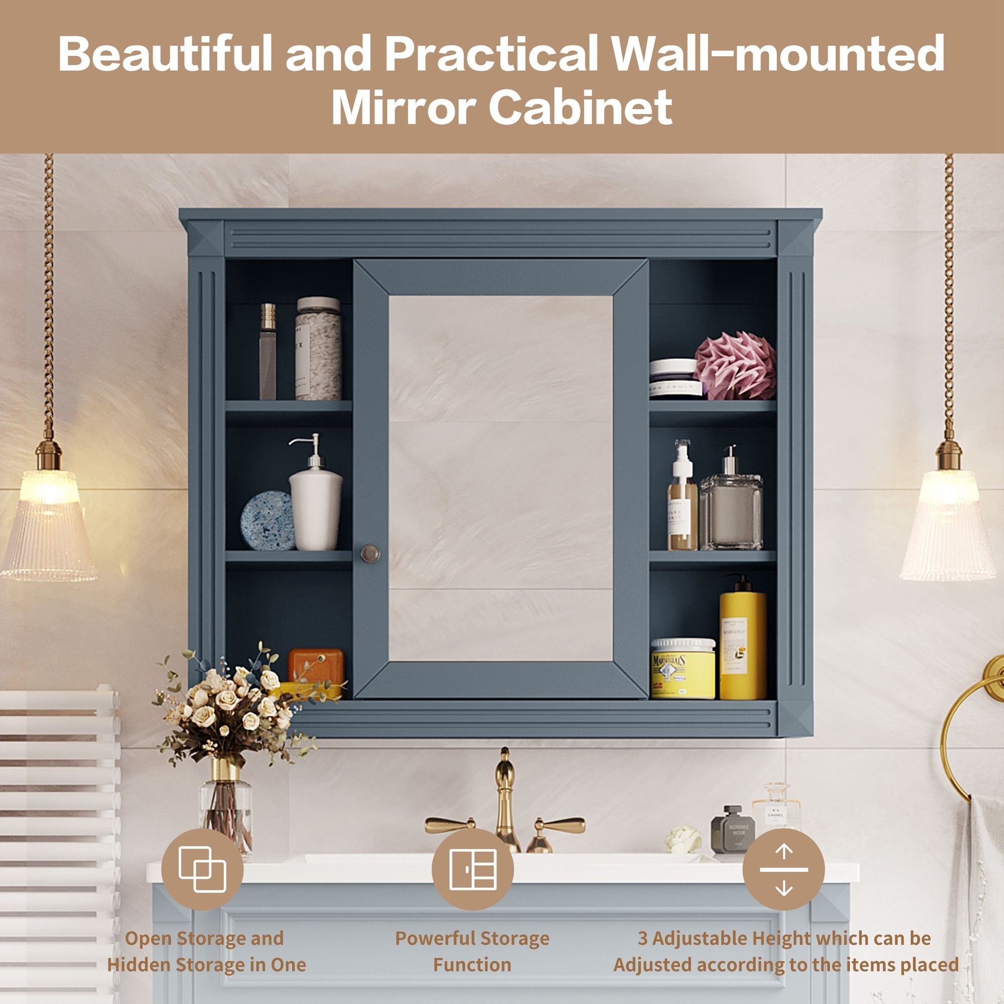 Wall Mounted Bathroom Storage Cabinet With Mirror, Cabinet With 6 Open Shelves And Adjustable Interior