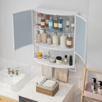 Arched Glass Double Door Wardrobe With Shatterproof Mirror, Open Shelf & Towel Rack