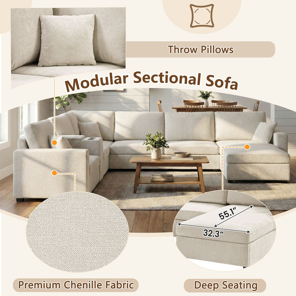 Modular 5 Seat U-Shape Sectional Sofa With Chaise Lounge, Built In Cup Holders And Storage Drawer