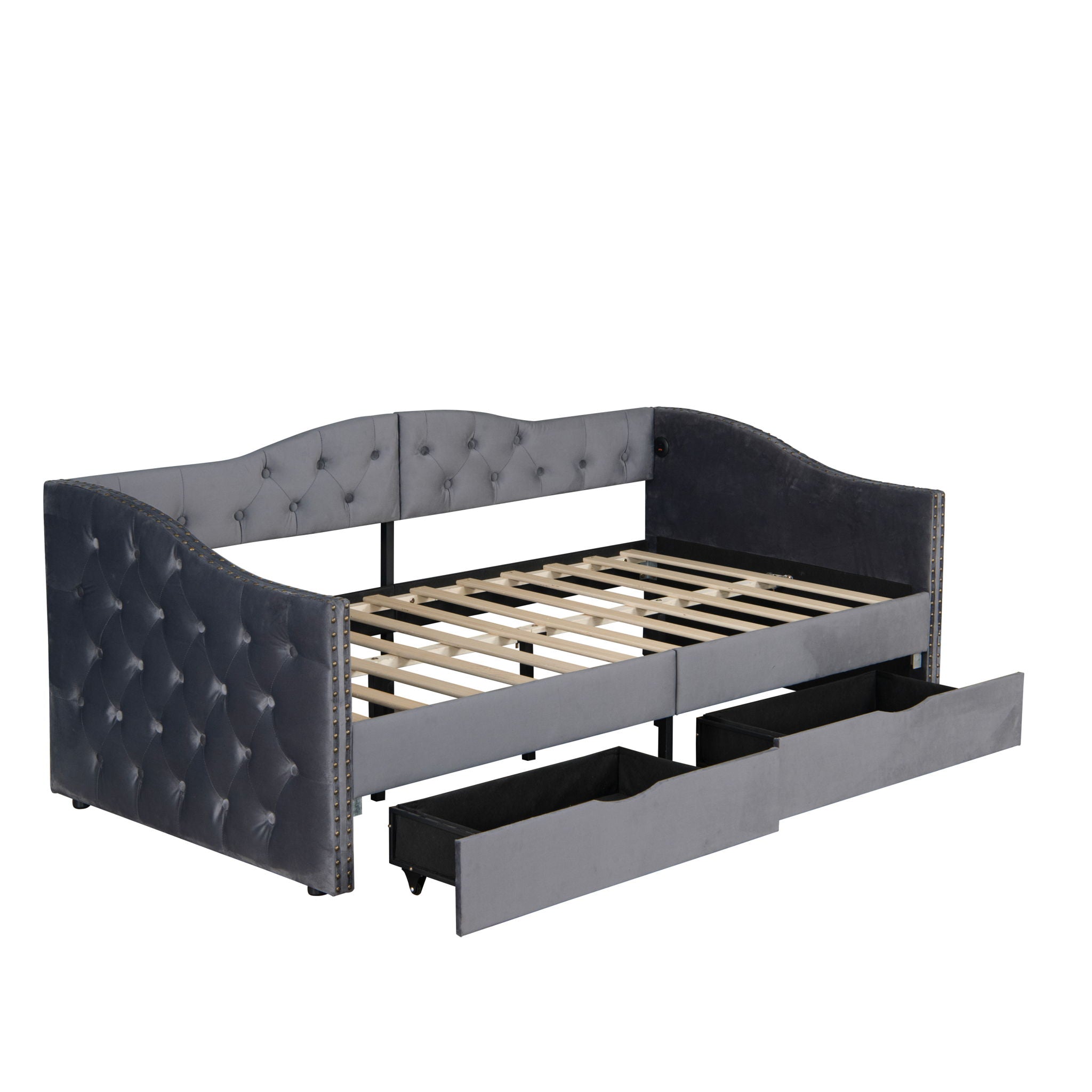 Full Size Bed Frame, Upholstered Cloud Bed Frame With Headboard, 2 Storage Drawers And 2 USB Charging Design, No Box Spring Needed - Gray