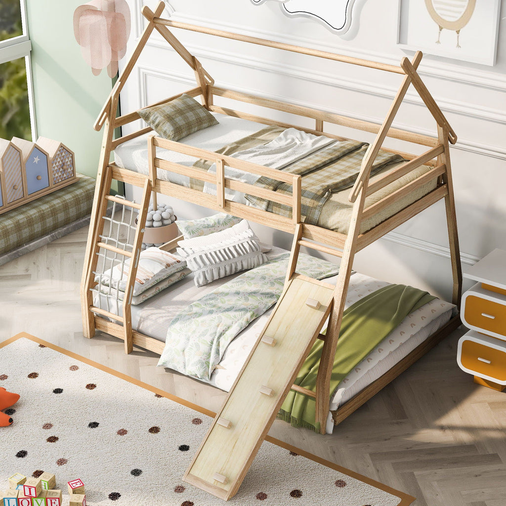 Georgiana - Twin Over Queen House Bunk Bed With Climbing Nets And Climbing Ramp