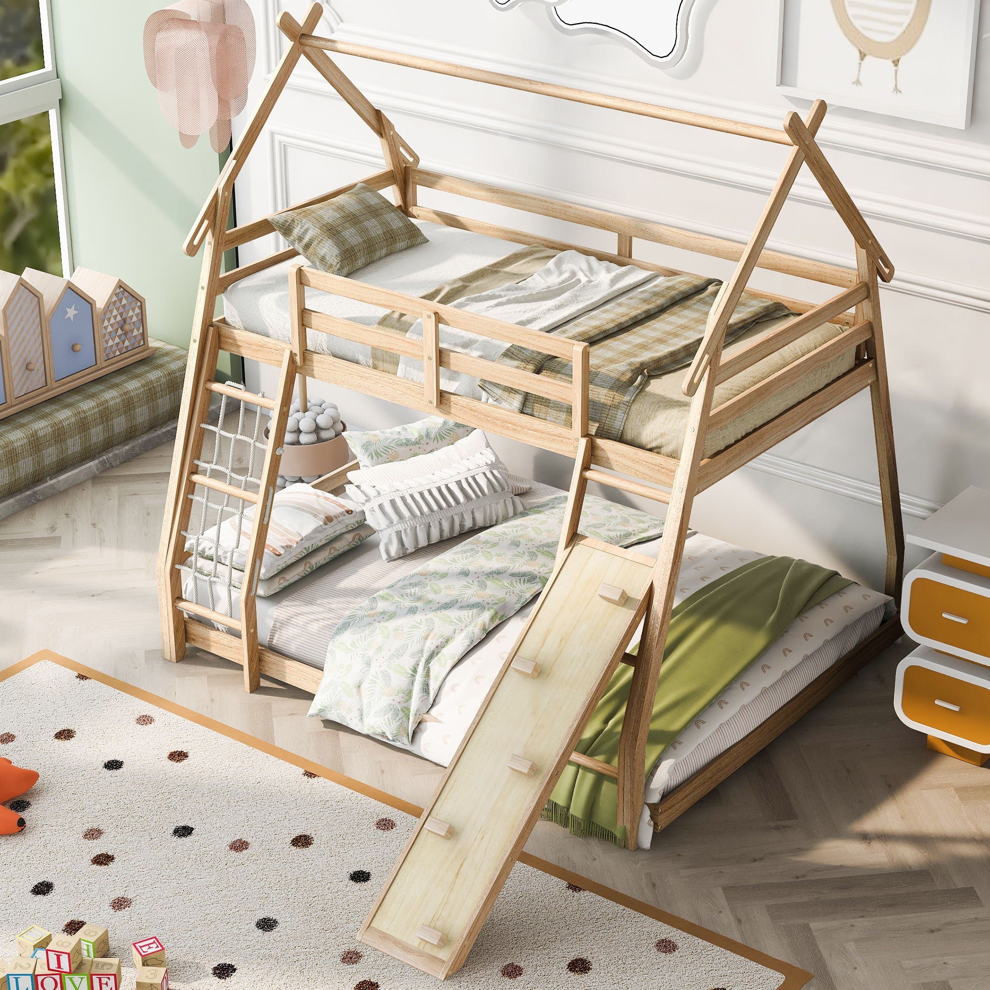 Georgiana - Twin Over Queen House Bunk Bed With Climbing Nets And Climbing Ramp