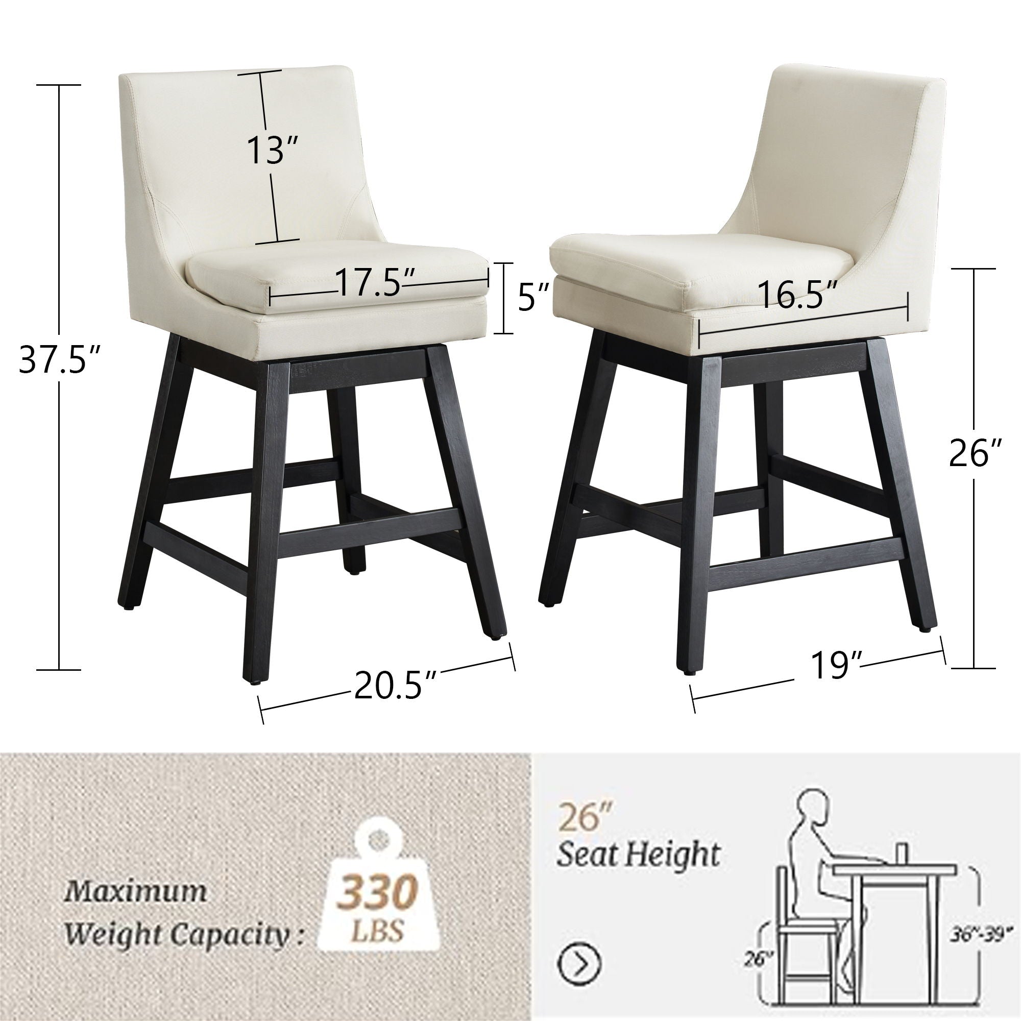 Upholstered Swivel Bar Stools With Ergonomic Design (Set of 2) - Cream White