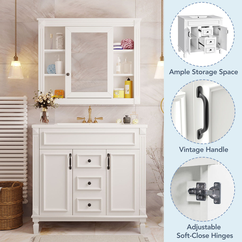 Bathroom Vanity With Top Sink, Mirror Cabinet, 2 Soft Closing Doors & 2 Drawers