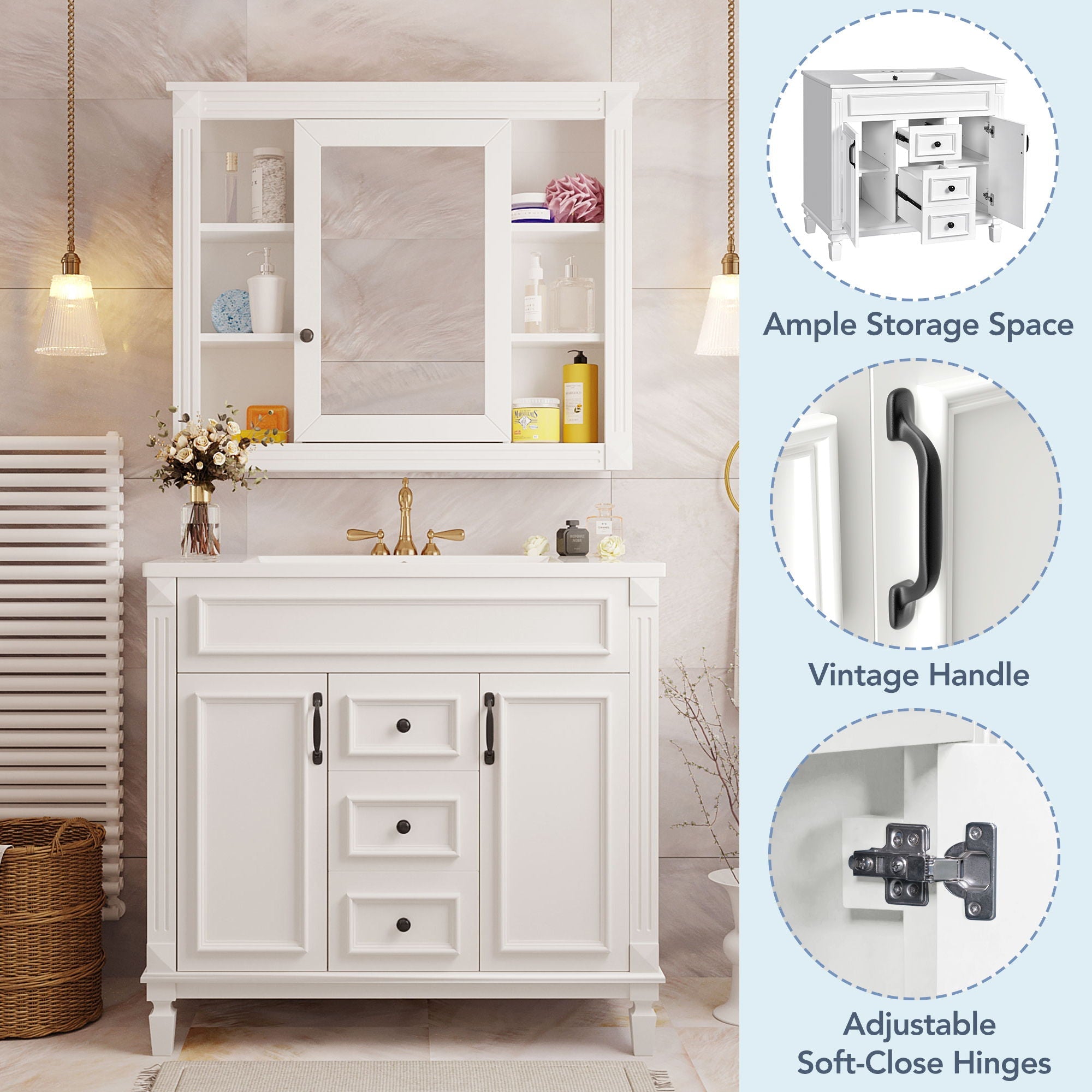 Bathroom Vanity With Top Sink, Mirror Cabinet, 2 Soft Closing Doors & 2 Drawers