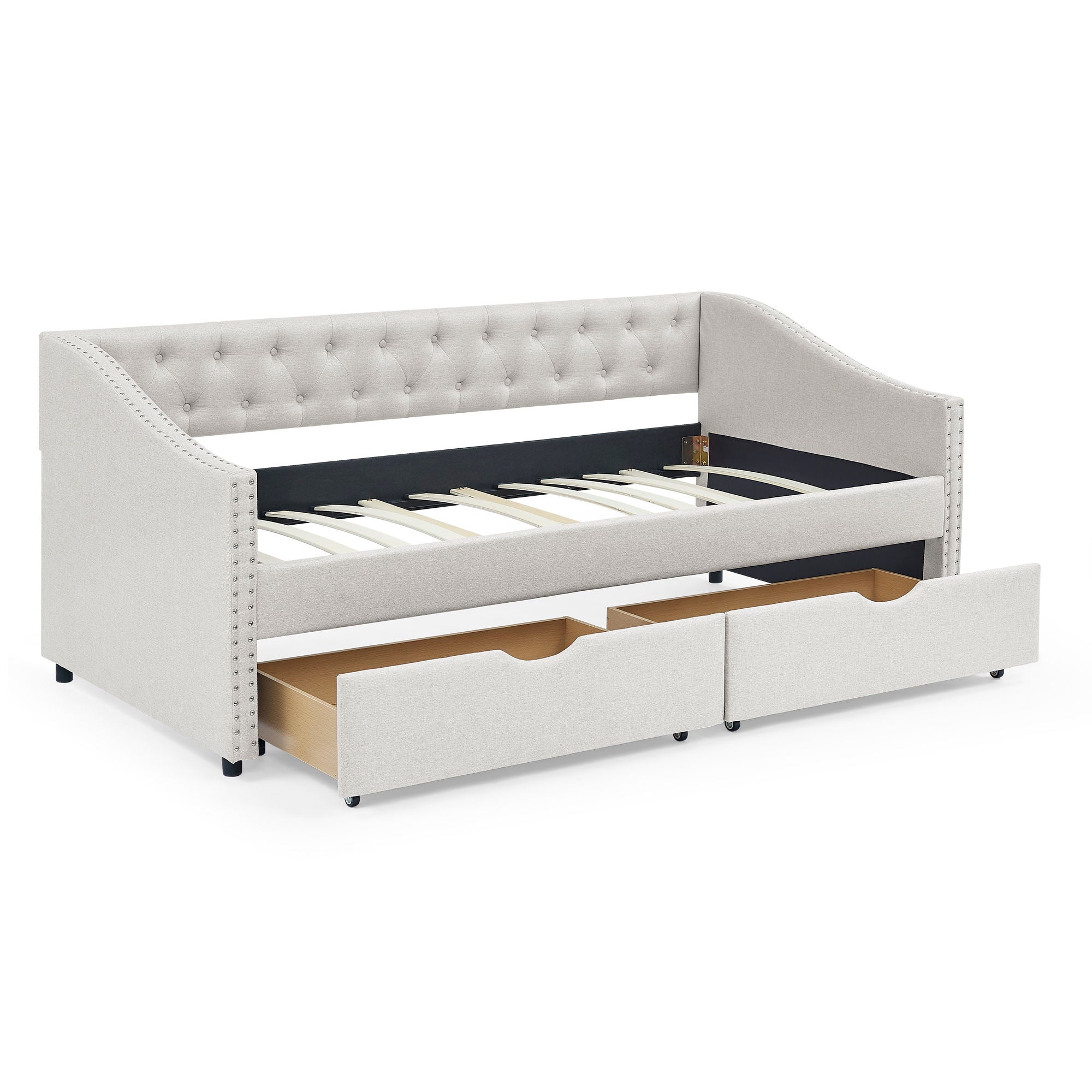 Upholstered Tufted Daybed With 2 Drawers, Waved Arms