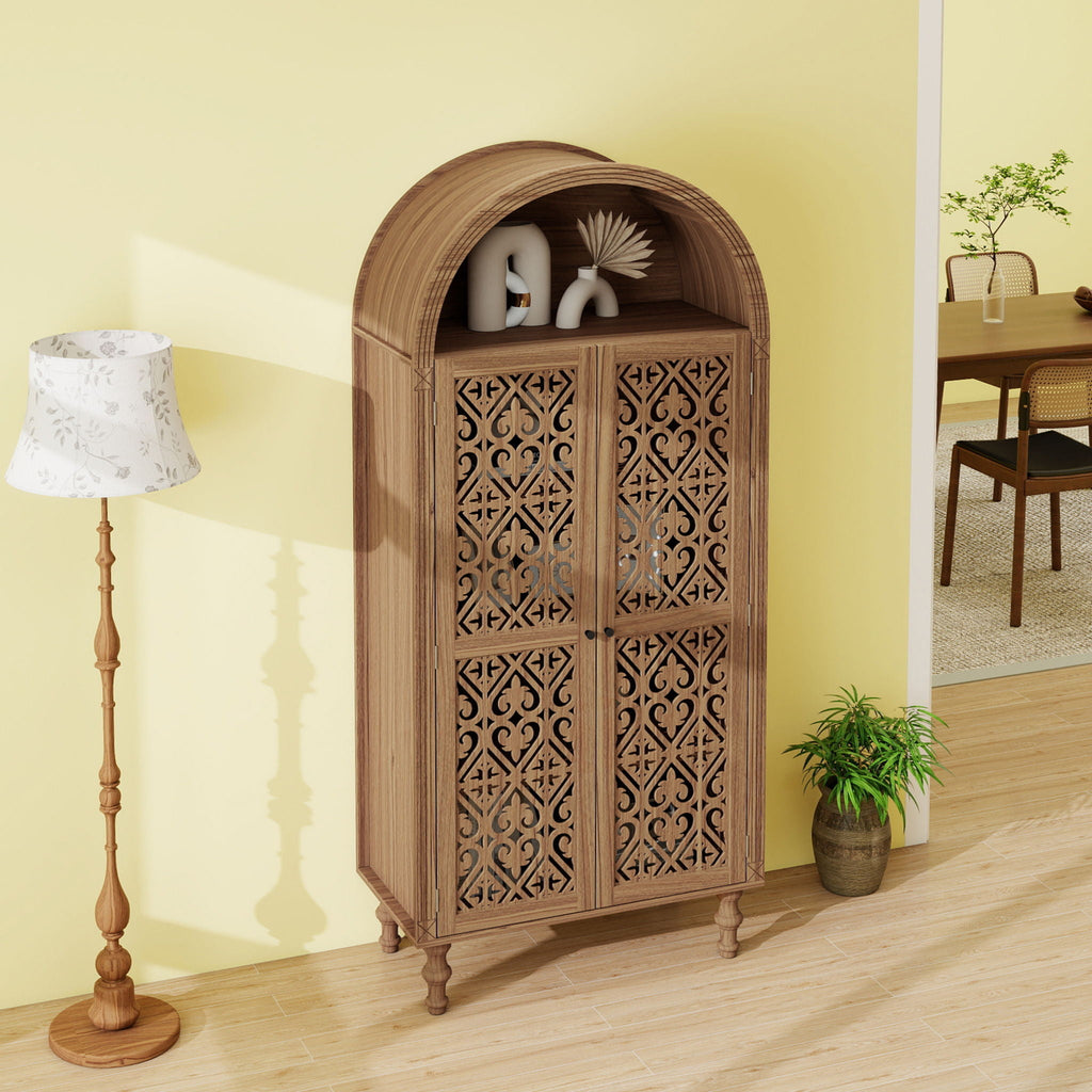 Tall Kitchen Pantry Cabinet With Hollow Carved Doors Adjustable Shelves Versatile Storage Cabinet For Kitchen - Walnut