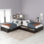 L Shaped Platform Bed With Trundle And Drawers Linked With Built In Desk
