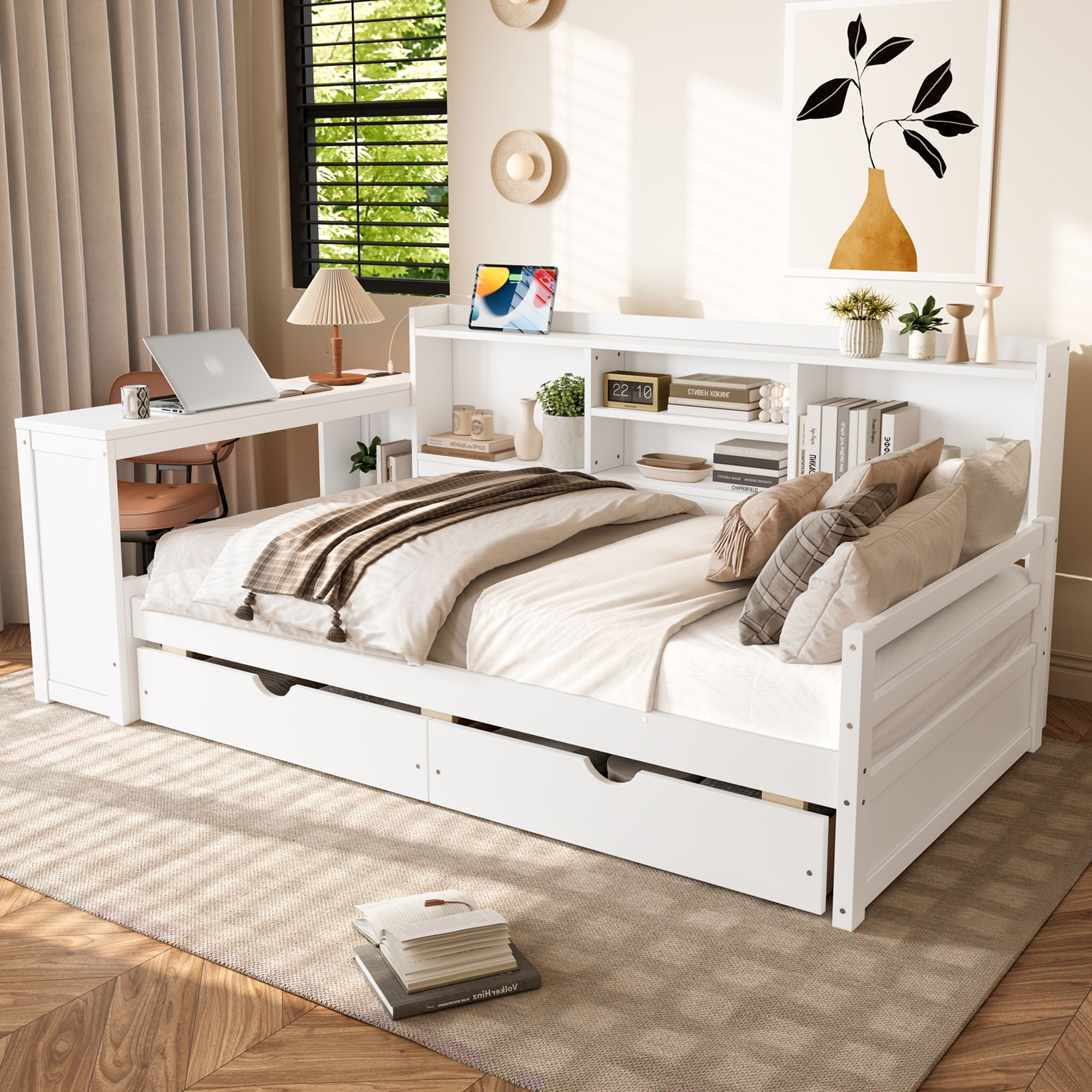 Corner Daybed With Storage Drawers, Desk, Charging Port & Bookcase