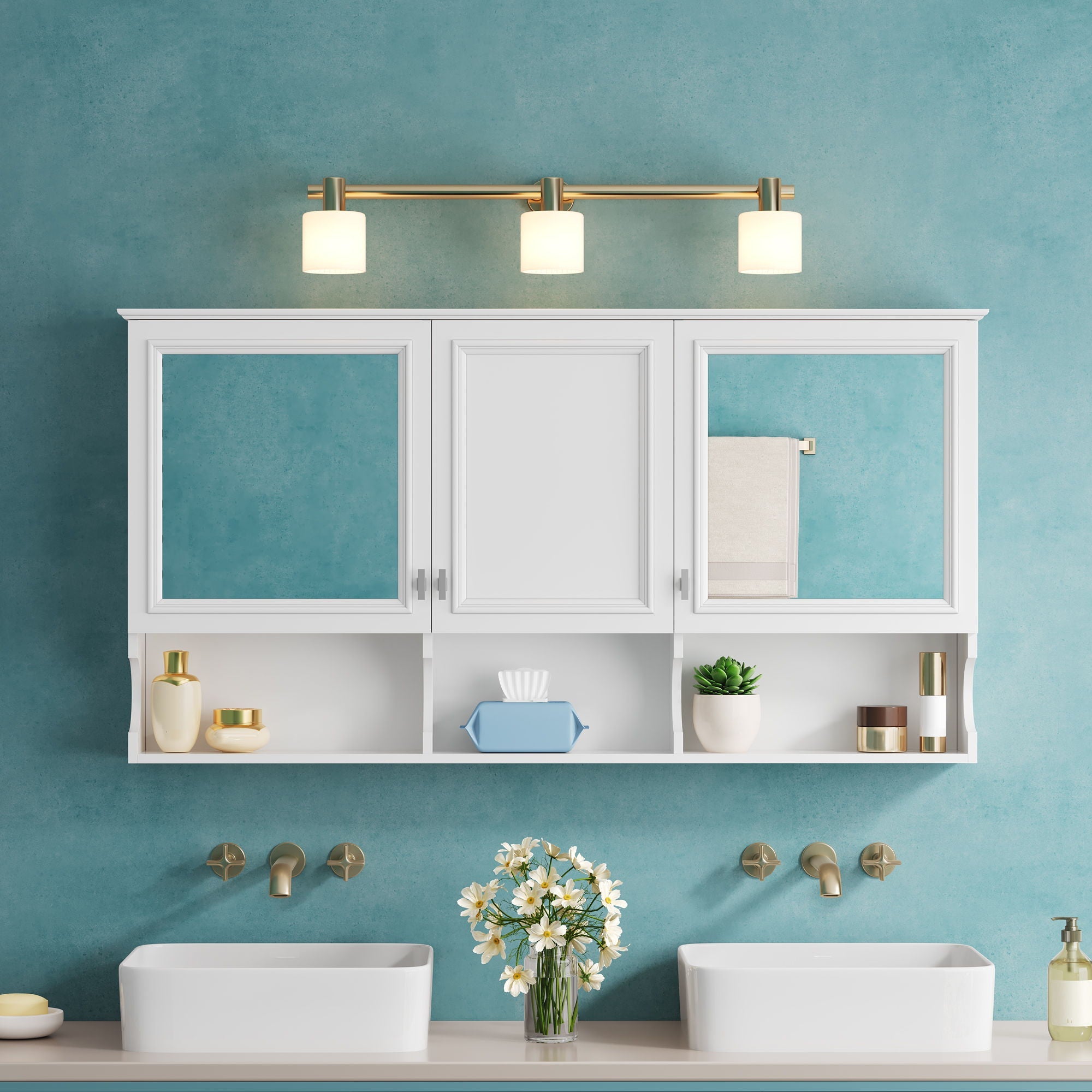 Wall-Mounted Mirror Medicine Cabinet With Adjustable Shelf And Open Shelves, Bathroom Storage Cabinet Over Toilet - White