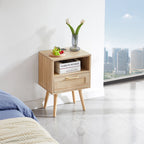 15.75" Rattan End Table With Power Outlet & USB Ports, Modern Nightstand With Drawer And Solid Wood Legs, Side Table For Living Room, Bedroom
