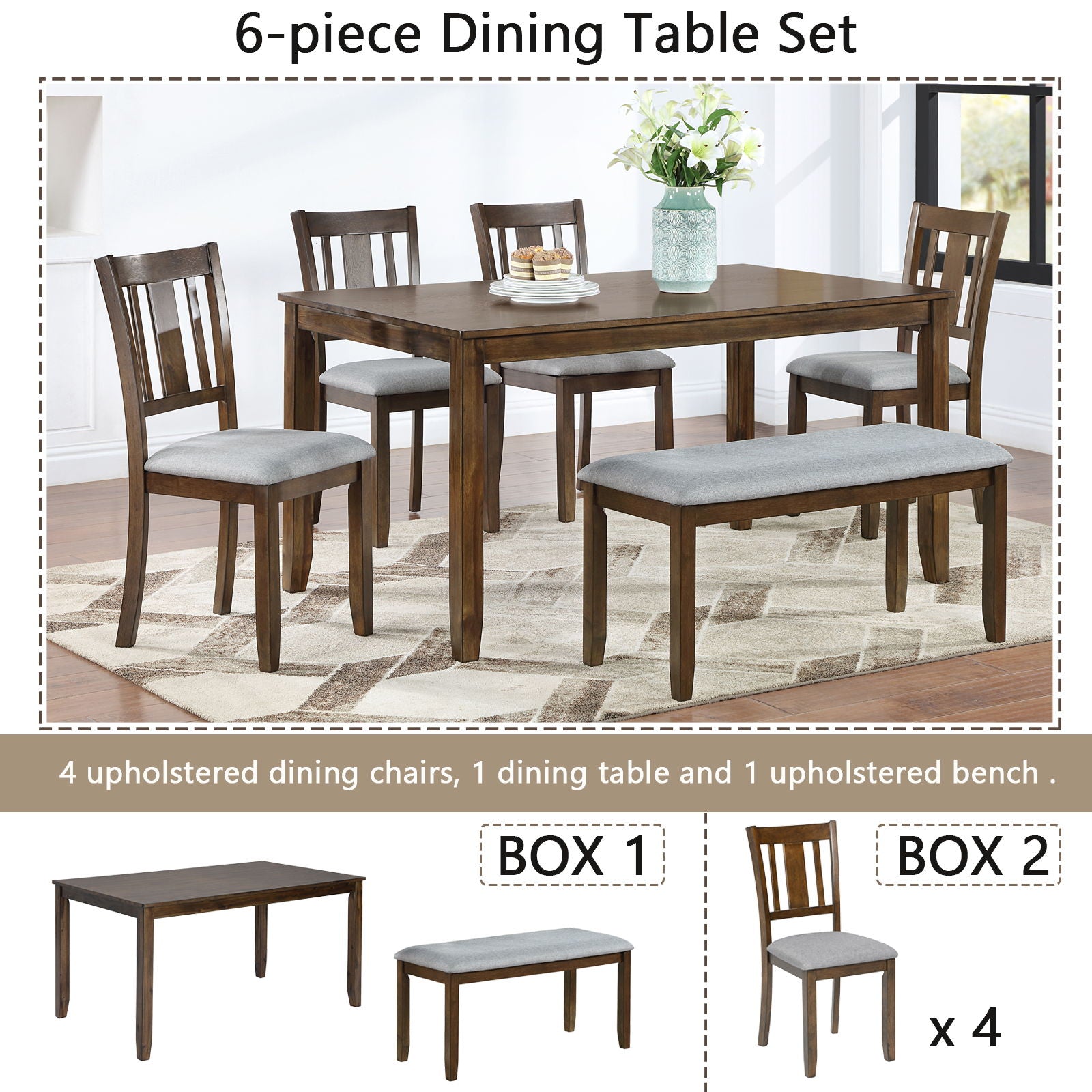 Kitchen Dining Set, Rectangular Dining Table With Upholstered Chairs