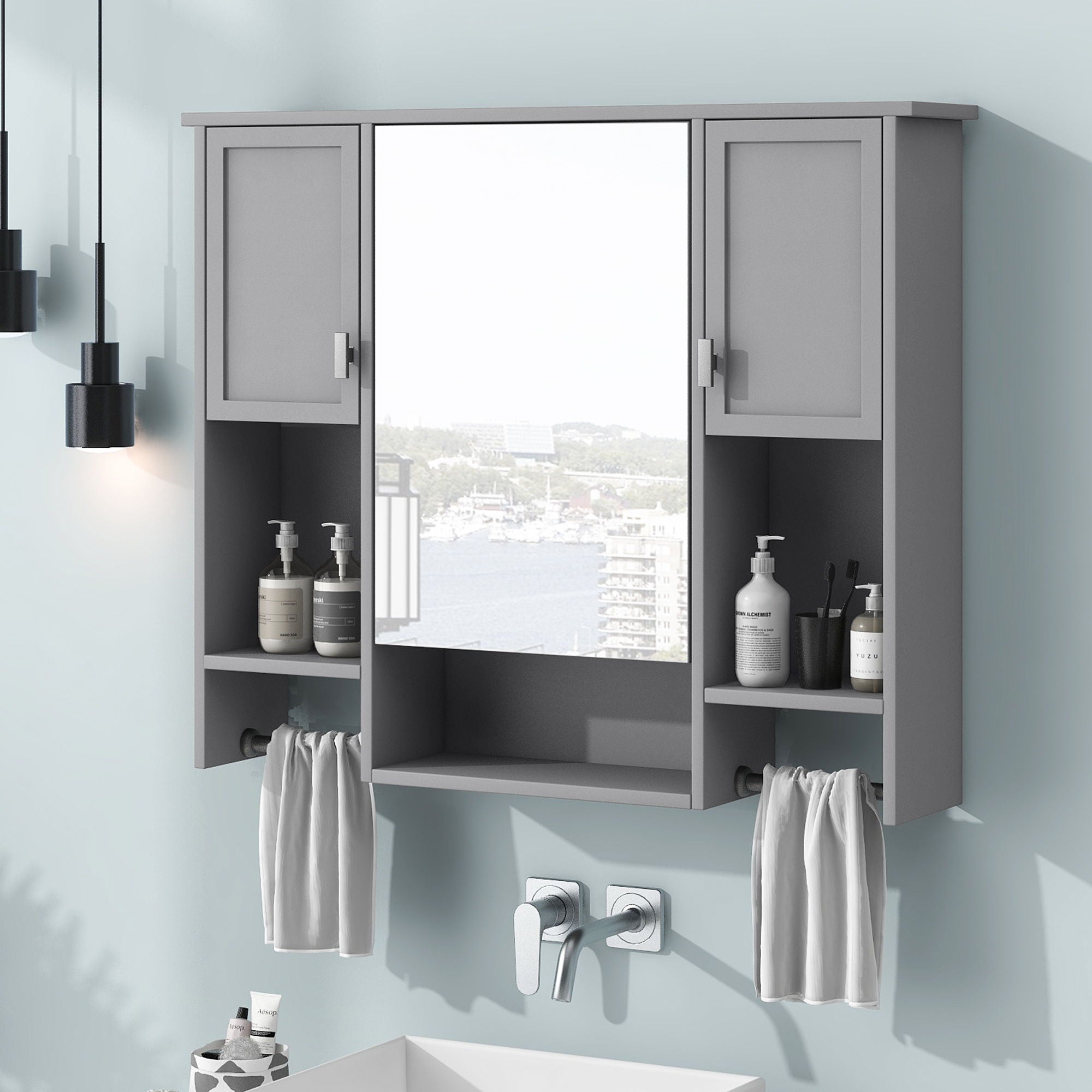 Wall Mounted Bathroom Storage Cabinet With Mirror, Medicine Cabinet With Towel Bar