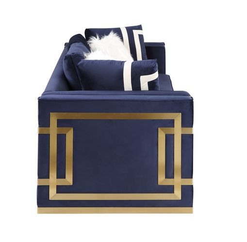 Virrux - Sofa With 6 Pillows - Blue Velvet & Gold