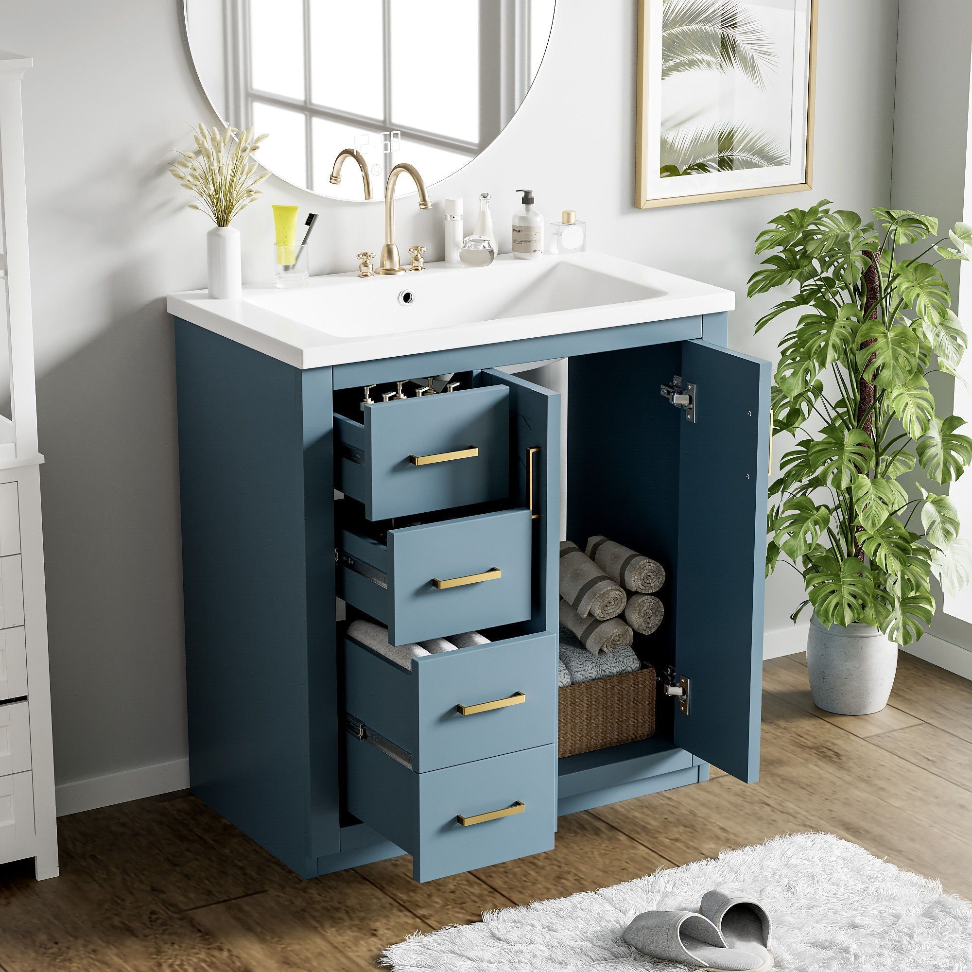 Ceramic Sink Combo, Freestanding Vanity Set With 3 Drawers & Soft Closing Doors