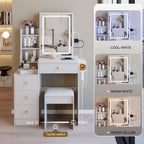 Cabinet Vanity Table & Cushioned Stool, USB Power Station, Hair Dryer Bracket - White