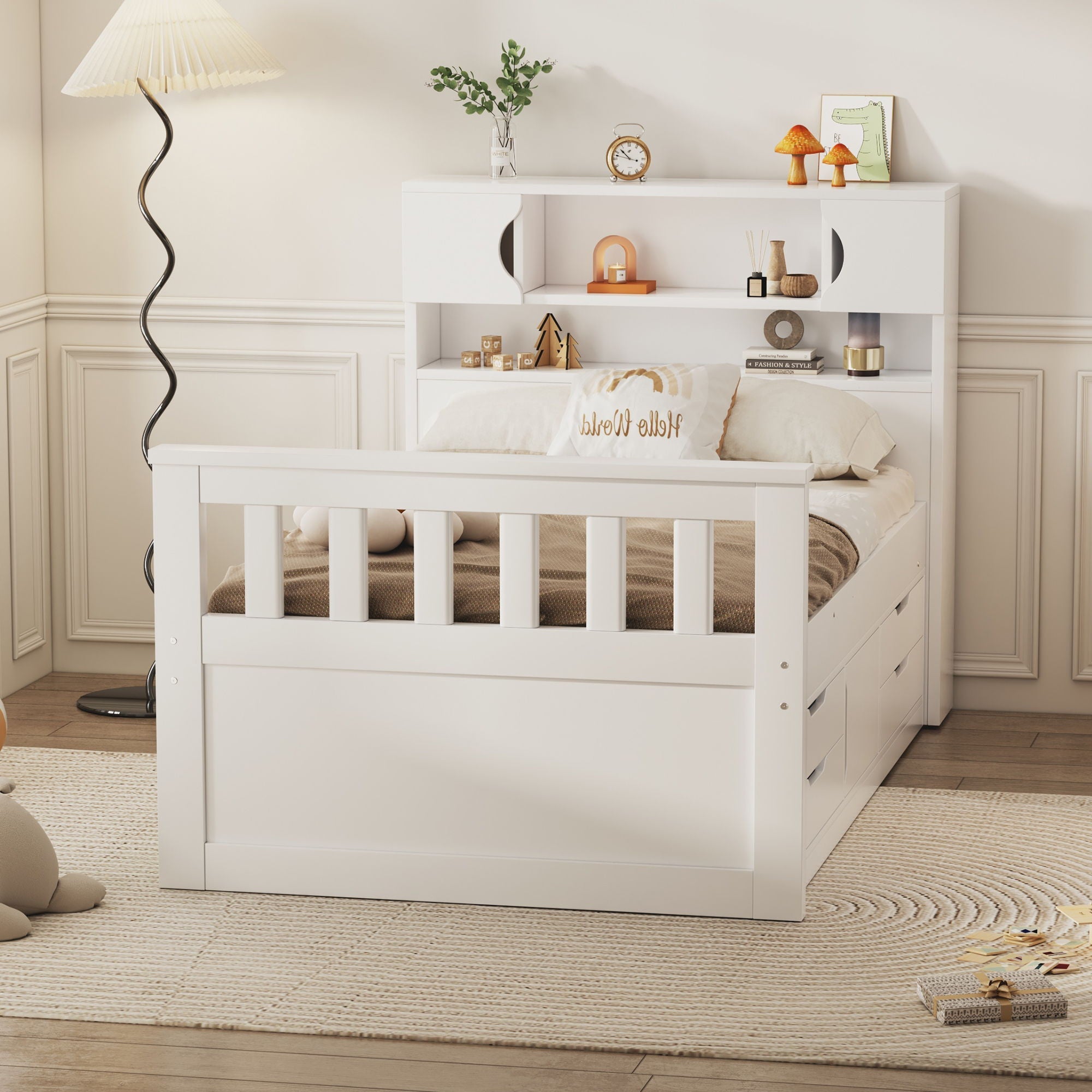 Captain Platform Bed Frame With Storage Bookcases, Shelves, And 4 Drawers