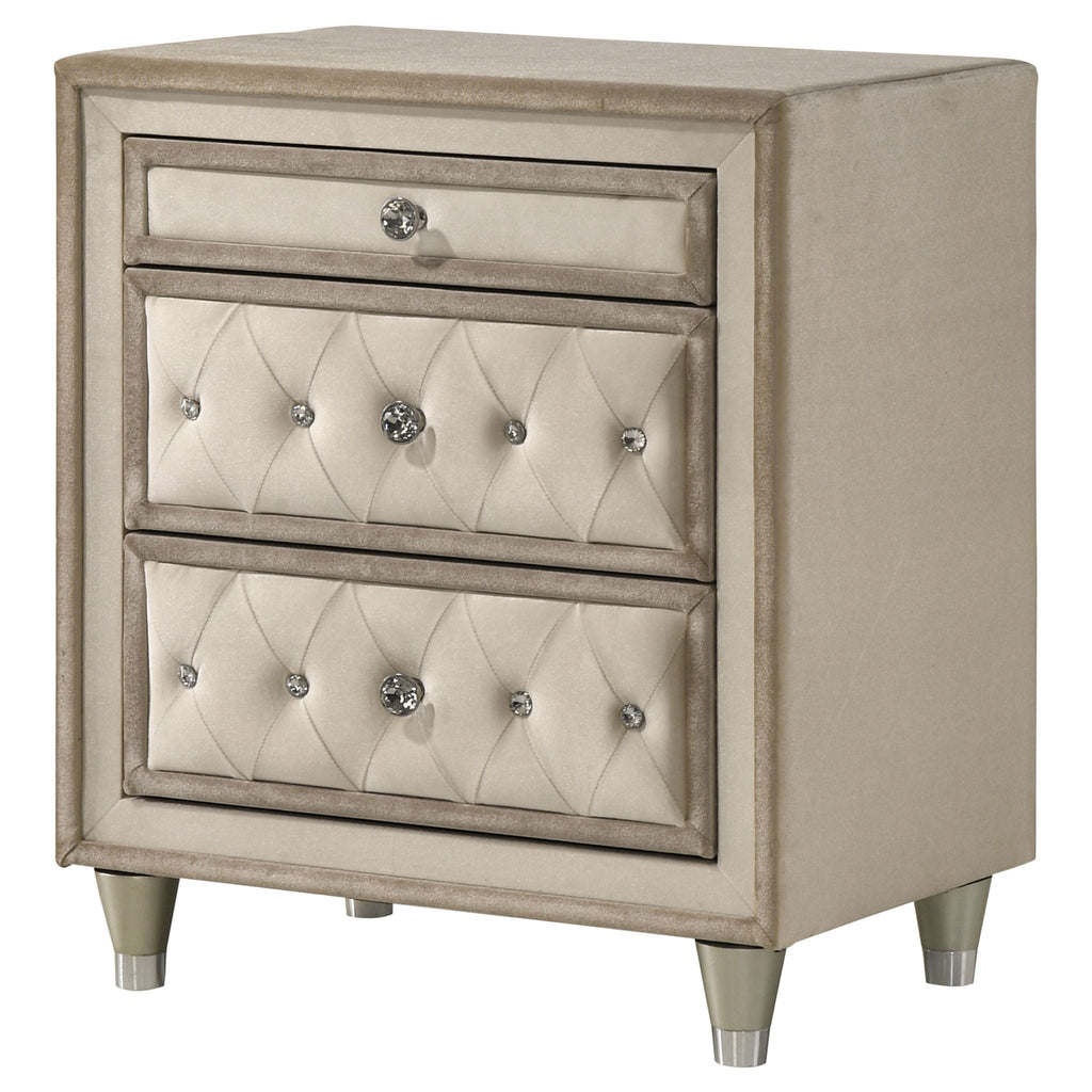 Antonella Upholstered 3-drawer Nightstand Ivory and Camel