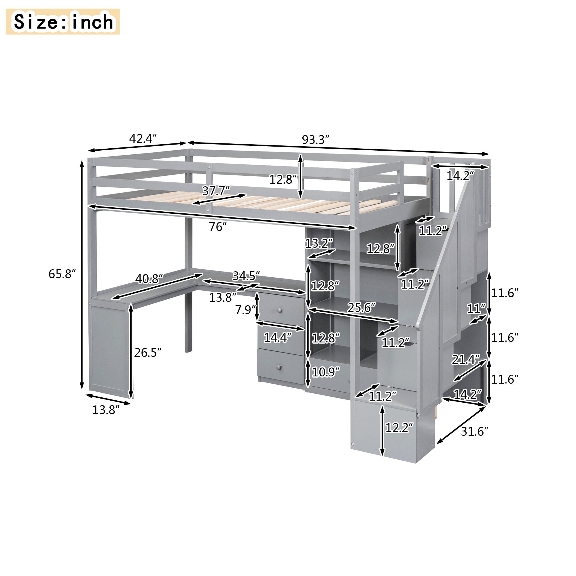 Loft Bed With L Shaped Desk, Drawers, Cabinet, And Storage Staircase