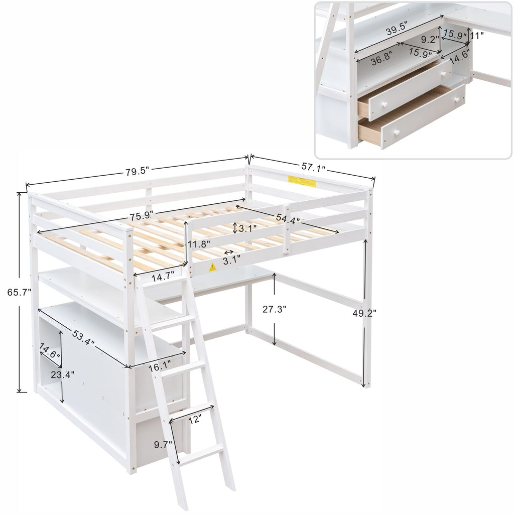 Modern Loft Bed With Built In Desk, Shelves, And 2 Drawers