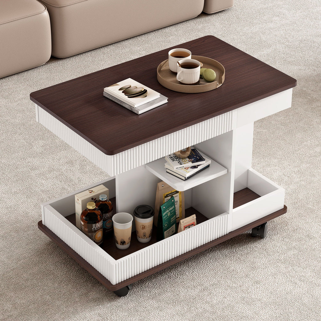 Adjustable End Table With Wheels, 360°Rotating Top And Storage Space