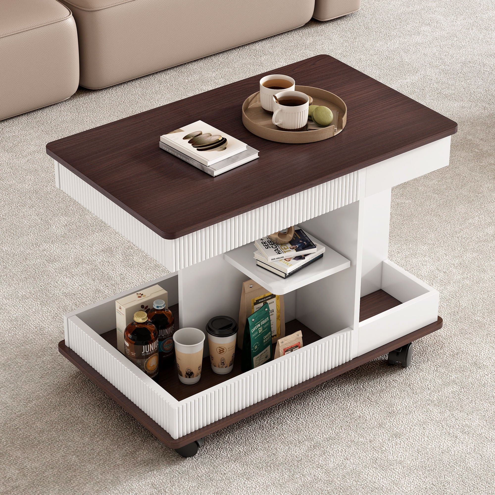 Adjustable End Table With Wheels, 360°Rotating Top And Storage Space