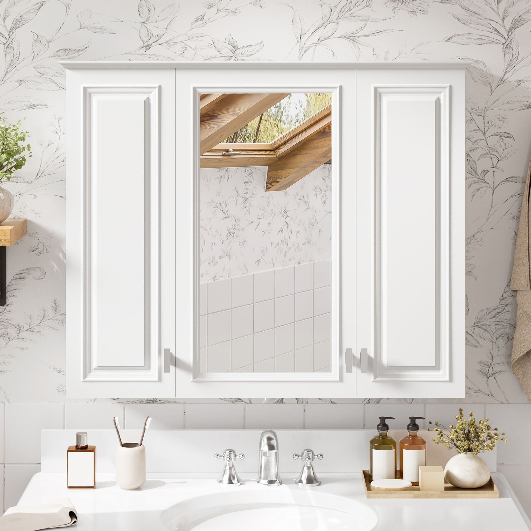 Wall Mounted Mirror Cabinet With 5 Adjustable Shelves, Rectangular Storage For Bathroom - White