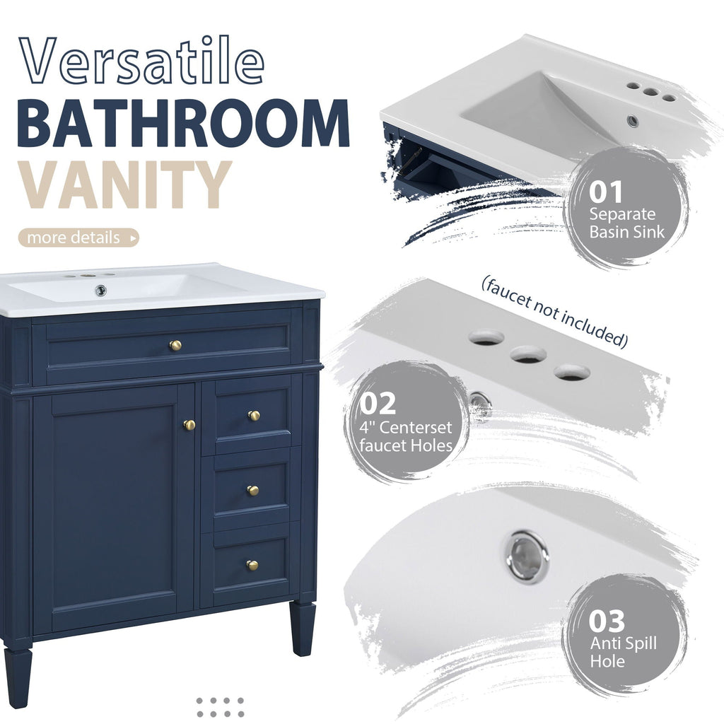 Bathroom Vanity With Top Sink, 2 Doors And 3 Drawers, Freestanding Set With Mirror Cabinet