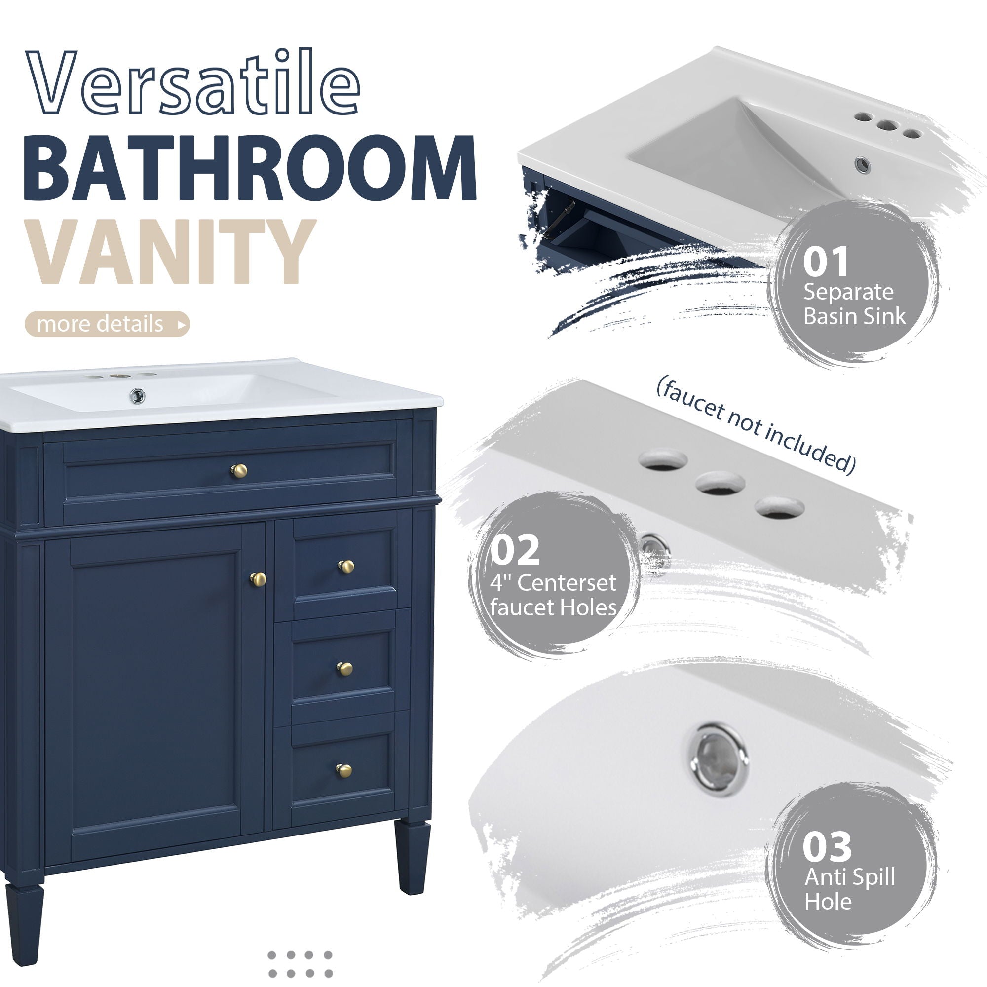 Bathroom Vanity With Top Sink, 2 Doors And 3 Drawers, Freestanding Set With Mirror Cabinet