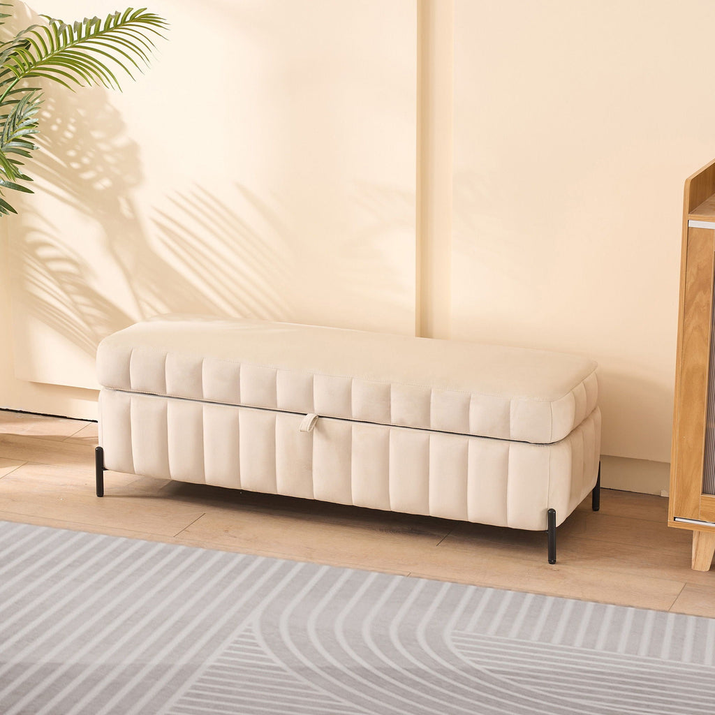 Wide Upholstered Storage Soft Bench Ottoman With Metal Legs