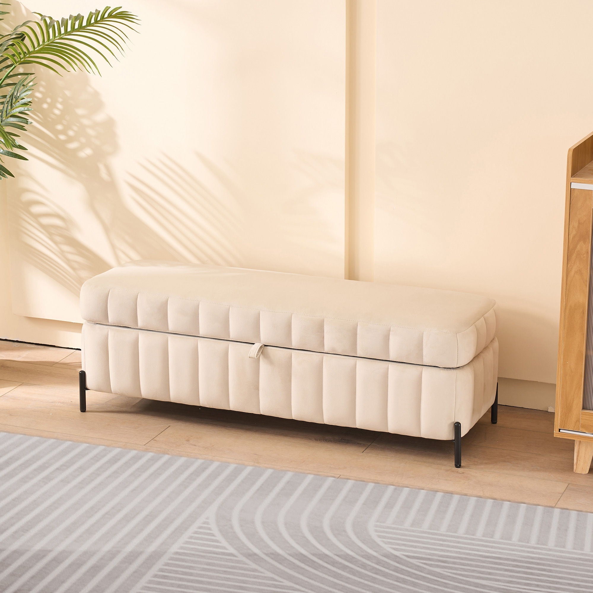Wide Upholstered Storage Soft Bench Ottoman With Metal Legs