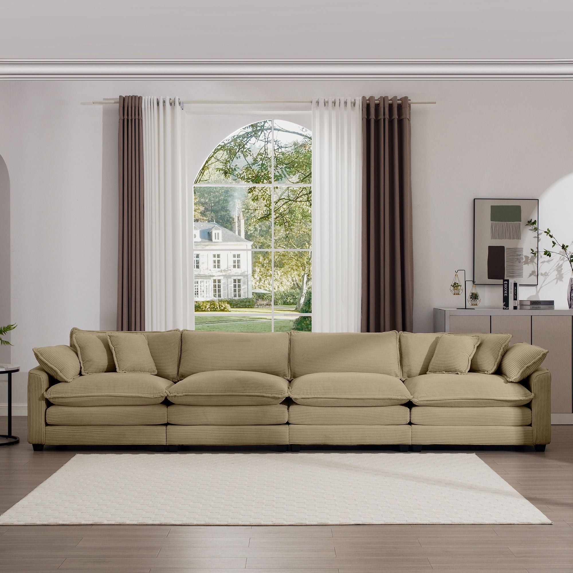 Modern Upholstered 4 Seater Fabric Sofa With Arm And Throw Pillows