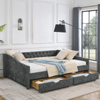 Upholstered Tufted Daybed With Drawers, Waved Arms