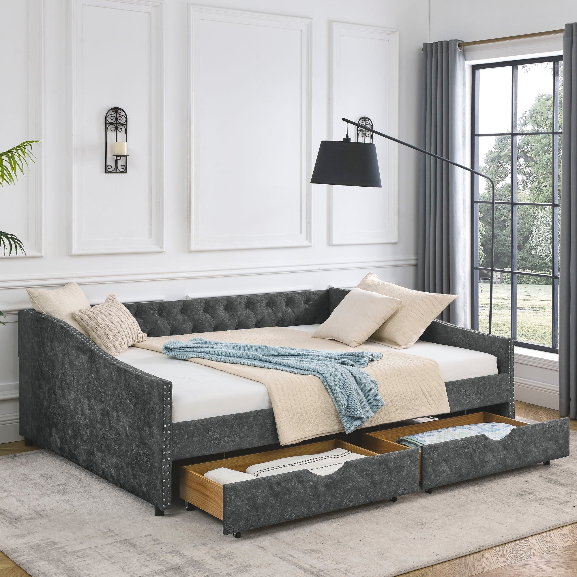 Upholstered Tufted Daybed With Drawers, Waved Arms
