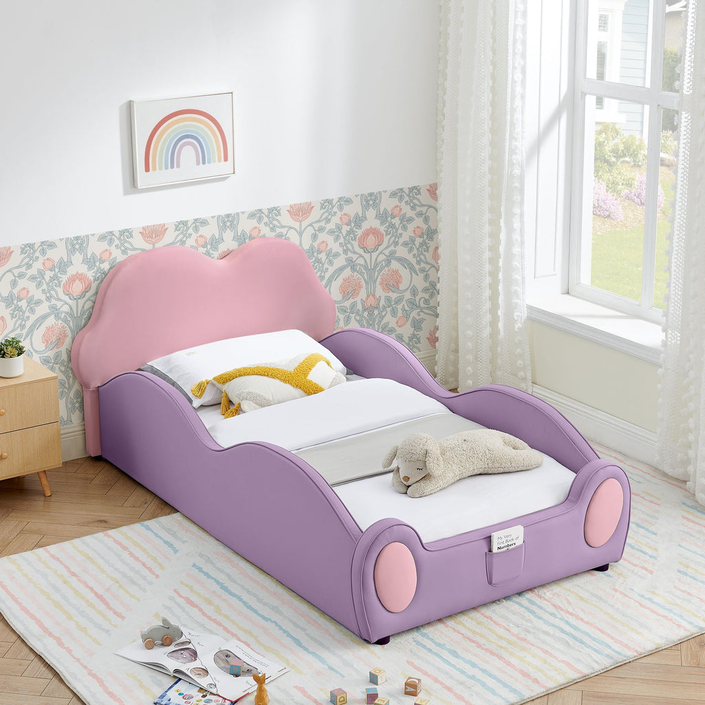 Cute Cloud Shape Bed With Guardrails Cartoon Design, Storage Pocket