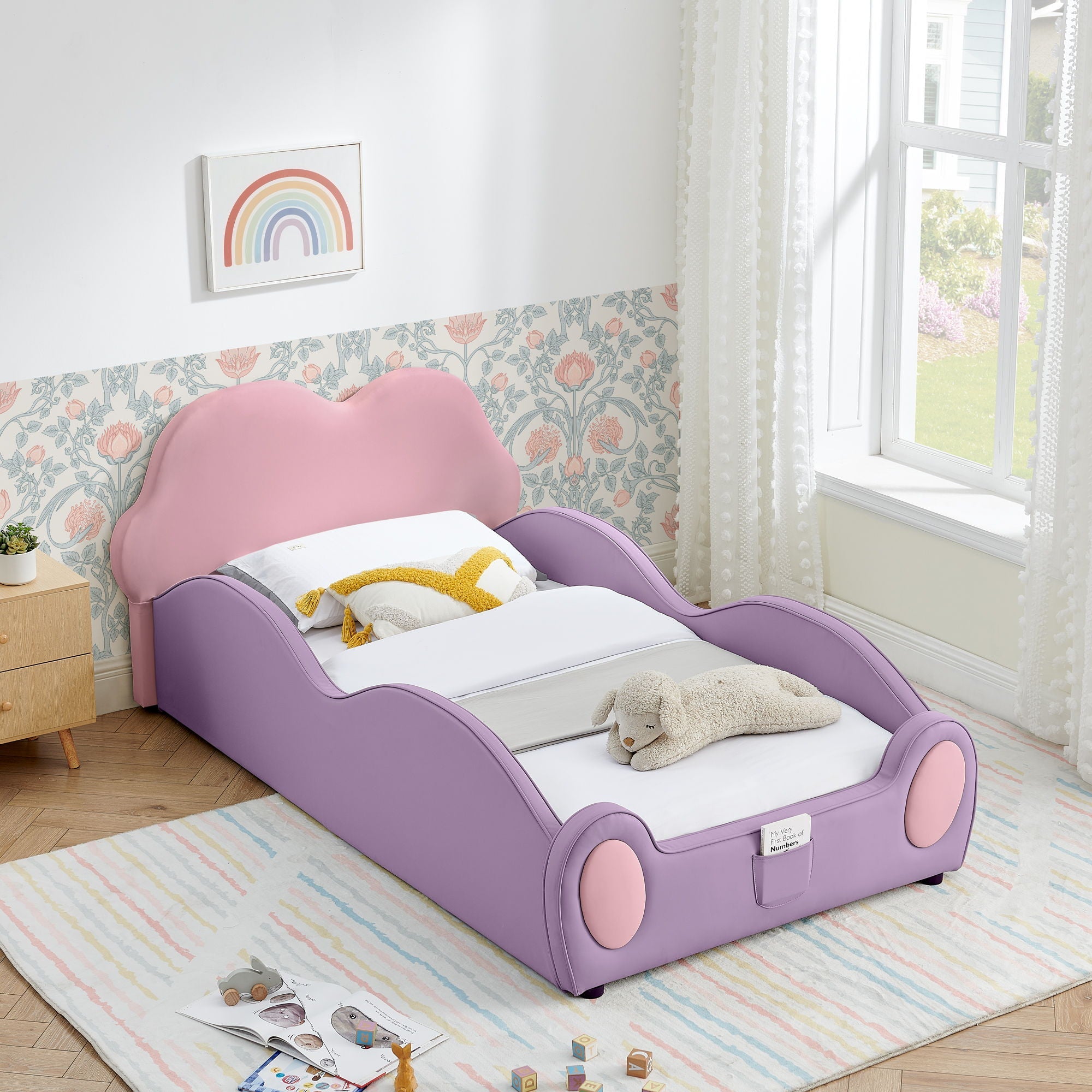 Cute Cloud Shape Bed With Guardrails Cartoon Design, Storage Pocket
