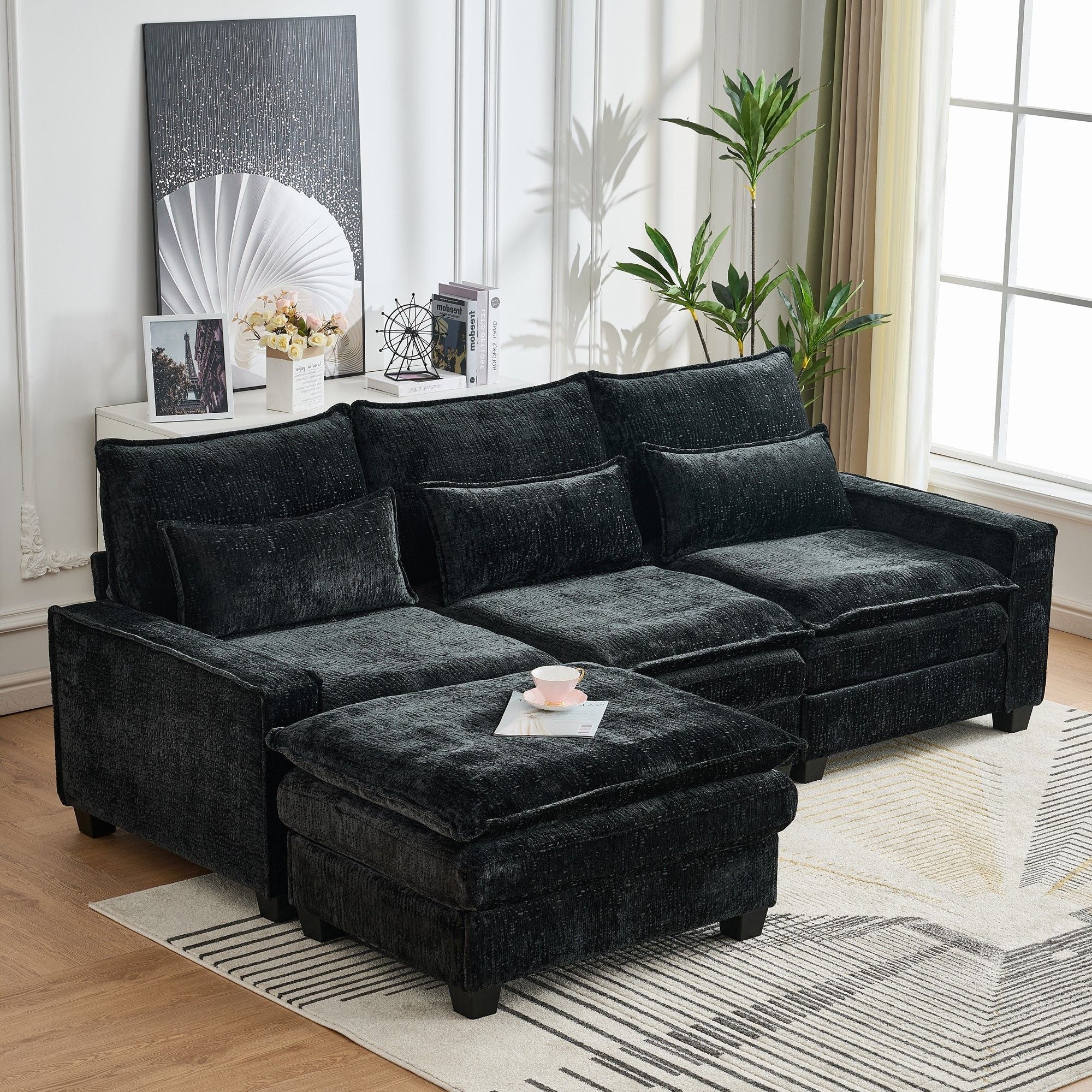 Modern Comfy L Shaped Sectional Sofa With Movable Ottoman