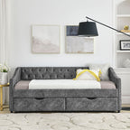 Upholstered Tufted Daybed With 2 Drawers, Waved Arms