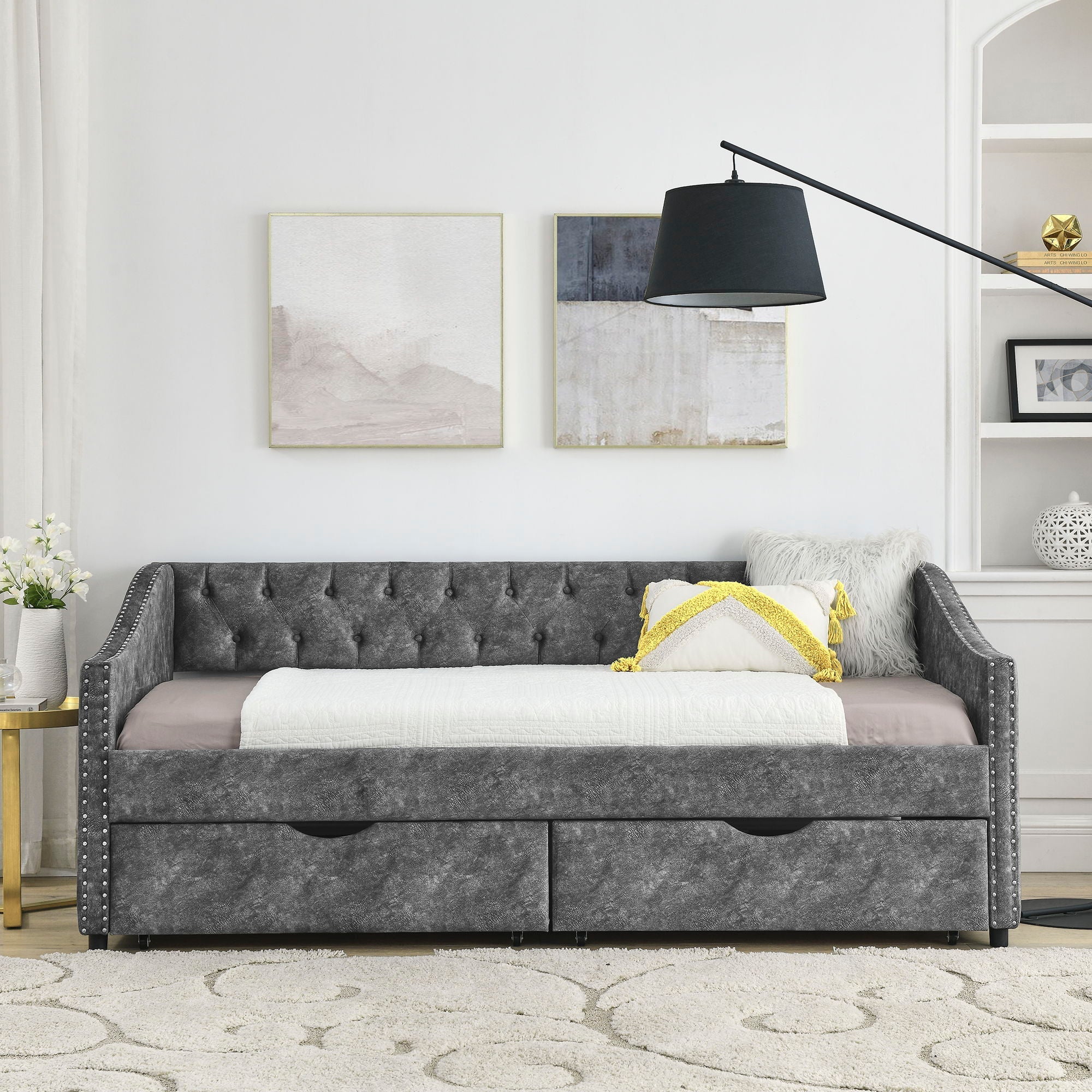 Upholstered Tufted Daybed With 2 Drawers, Waved Arms