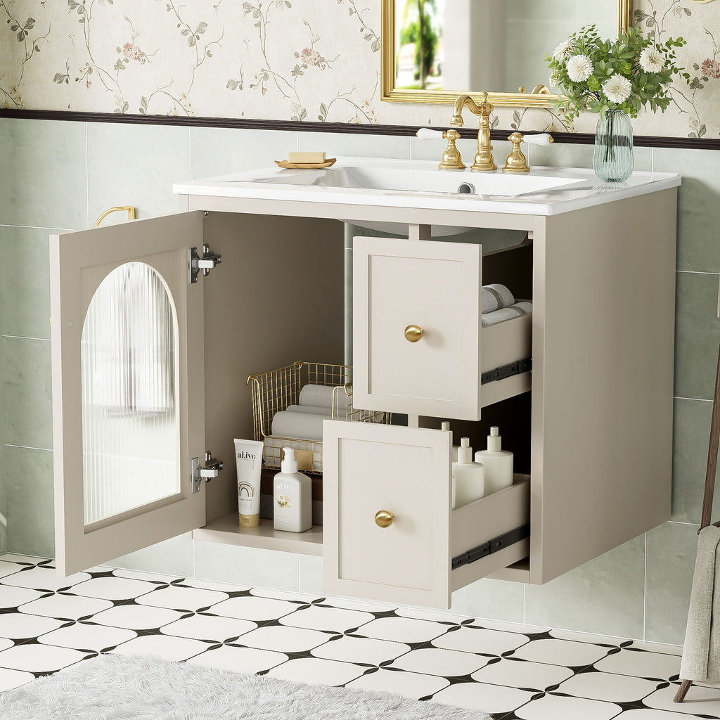 Wall-Mounted Bathroom Vanity Set With Sink, 2 Drawers And Soft-Close Door