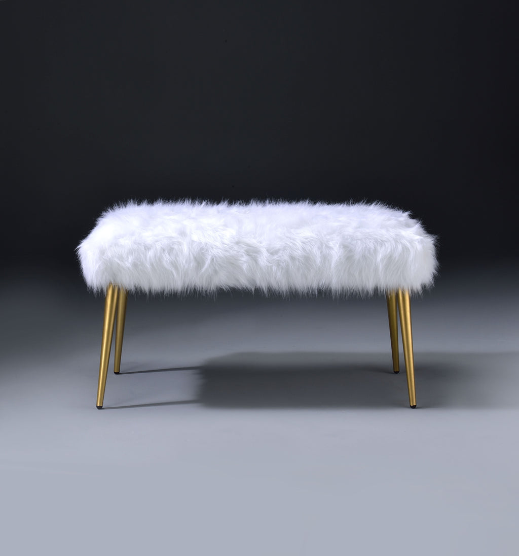 Bagley II - Faux Fur Bench - White / Gold